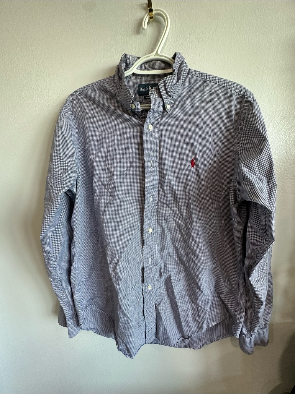 Ralph Lauren Blue Micro-Check Button-Down Shirt with Red Pony